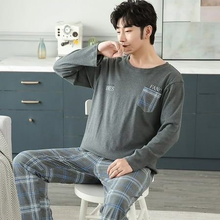 

PIKADINGNIS Mens Pajamas Set Autumn Winter Leisure Elastic Waist Men Sleepwear Set Cotton Mens Long Sleeve Nightwear Loose Homewear Cloth