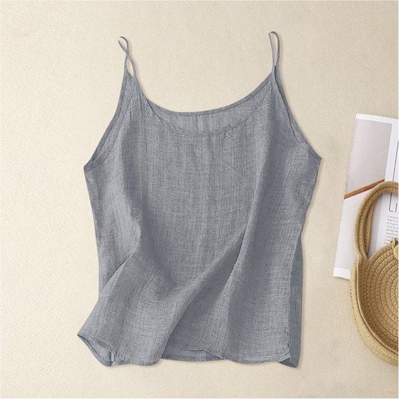 UACY Girls Cotton Linen Tank Tops Summer Casual Sleeveless Plain Spaghetti Strap Camisole Tween Cute Vacation Undershirts (Grey, 12-13 Years)