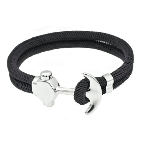 Arista Men's Anchor Bracelet with Adjustable Strap Black Twisted Cotton Rope in Stainless Steel, 8"