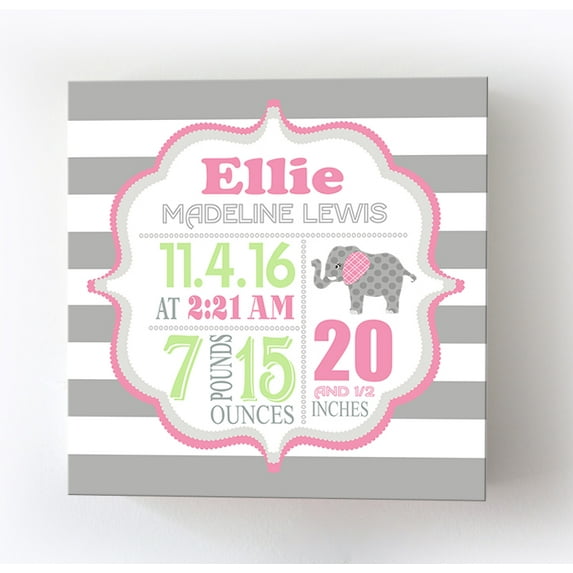 Personalized Canvas Birth Announcement Nursery Decor Gift, Safari Elephant Design, Custom Name, Date, Weight & Length, Unique Boys & Girls Baby Shower Wall Art Presents, Color Gray # 7, Size - 12x12