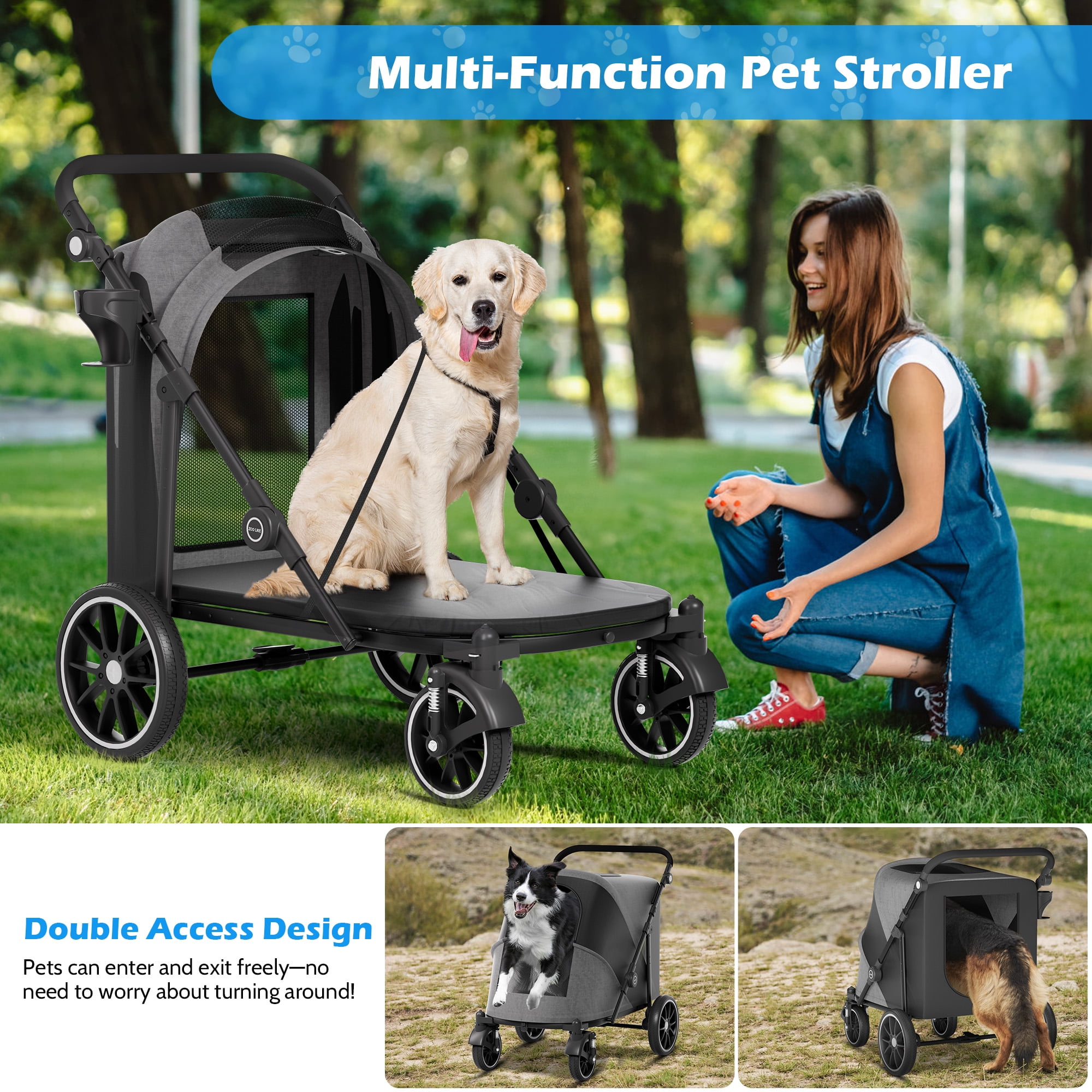 Zoolike XL Dog Stroller, Dual Access 4 Wheel Extra Large Pet Cage Foldable Travel Jogging Carriage Stroller for 2 Dogs,Max 200 Lbs