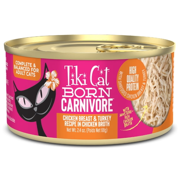 Tiki Cat Born Carnivore Wet Cat Food, Chicken Breast & Turkey Recipe in Broth, 2.4 oz. Can