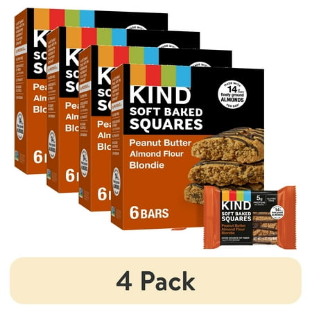 (4 pack) KIND Soft Baked Gluten Free Peanut Butter Almond Flour Blondie Squares, 1.4 oz, 6 Count