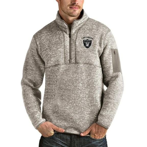 Men's Antigua Oatmeal Las Vegas Raiders Primary Logo Fortune Quarter-Zip Pullover Jacket
