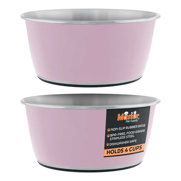 Master Pet Supply Stainless Steel Dog Bowls Set of 2 (32 Oz Each) with Non-Slip Rubber Base - Rose Quartz - Basic Dog Food Bowl Water & Food Bowls for Small Medium Large Dogs & Cats, Metal Dish