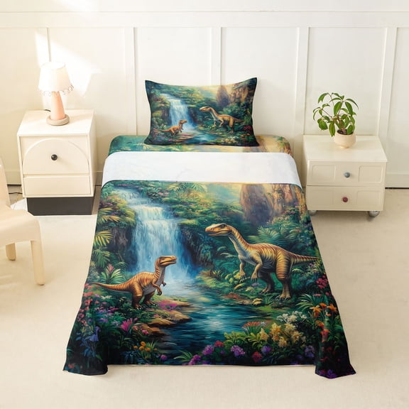 Feelyou Jungle Dino Wildlife Twin Sheet Sets for Kids Boys Girls, Waterfall Flower Bedding, Green Blue, 3-Piece