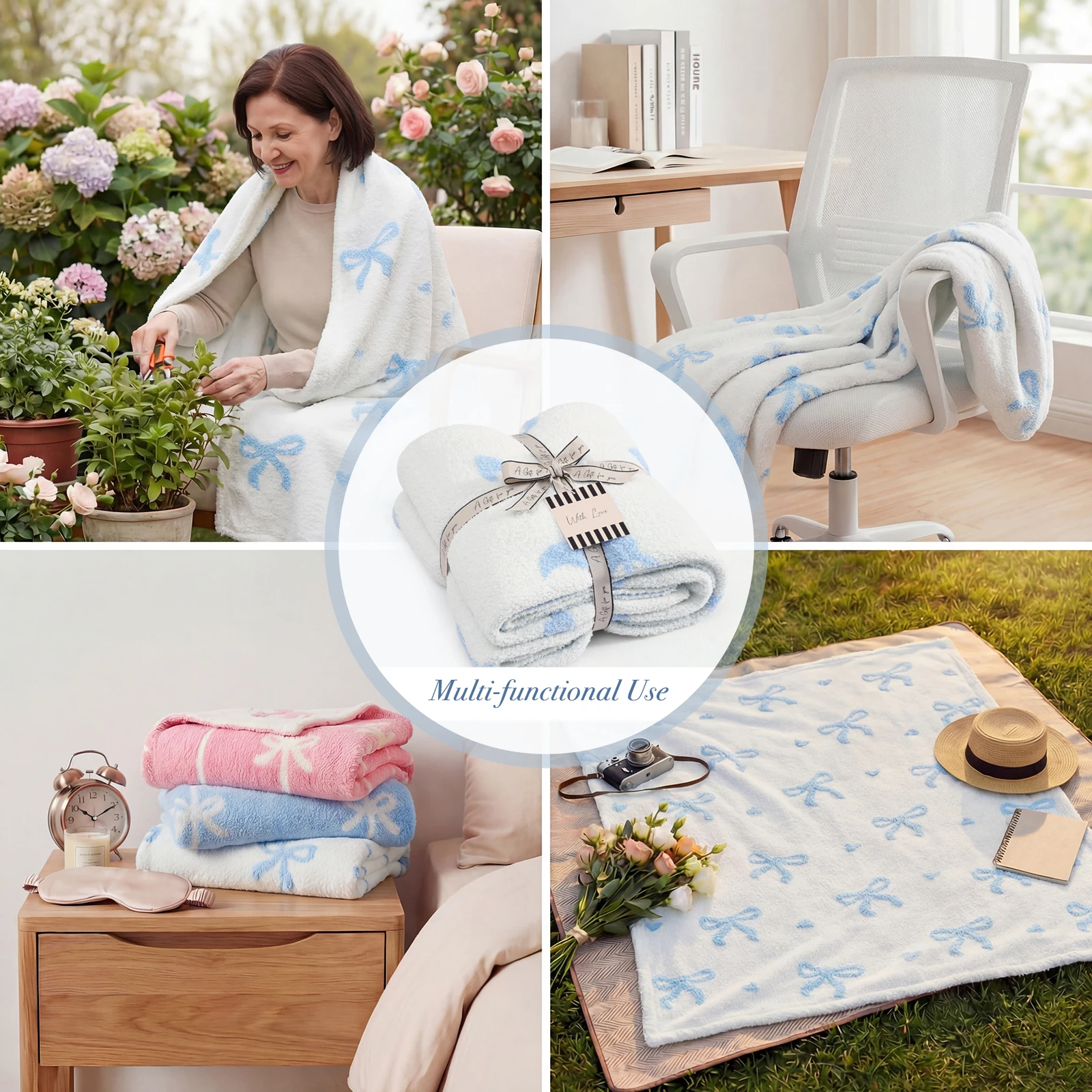 Catami Soft 3D Reversible Throw Blanket,Pink Bow,50*60