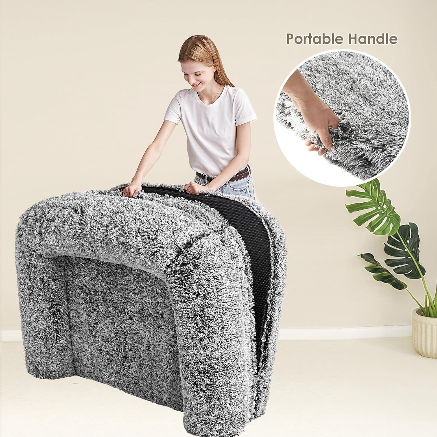 Foldable XXL Dog Bed for Large Sized Dog, 54"x38"x7.5" Faux Fur Fluffy Pet Couch Bed, Orthopedic Calming Memory Foam Big Pet Bed, Washable Pet Sofa Bed with Non-Slip Bottom, Faded Black