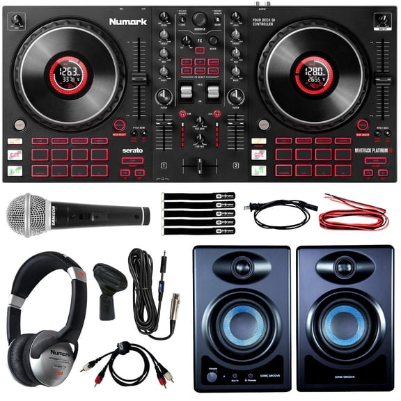 Numark Mixtrack Platinum FX 4-Deck DJ Controller with 3.5" Desktop DJ Monitors Package