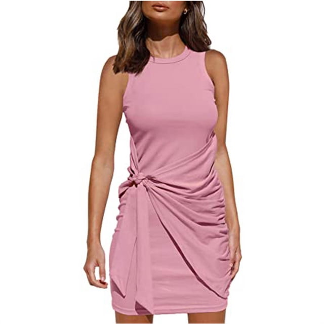 Robe d'Été Sans Manches pour Femmes avec Ceinture Irrégulière Col Rond Aguichant Mini Robe Moulante