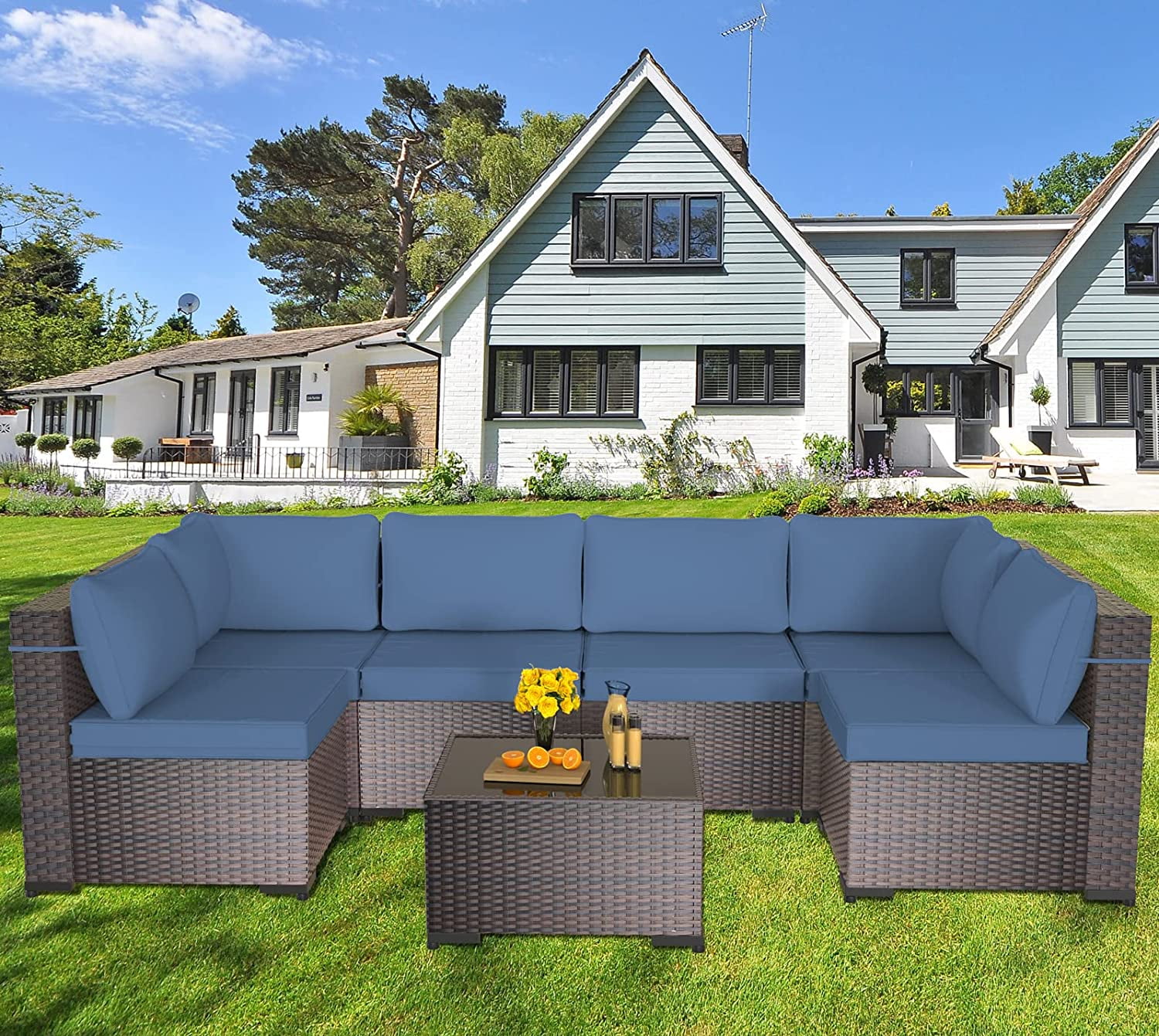 Gotland 7 Piece Patio Conversation Set,Rattan Wicker Outdoor Furniture Patio Sectional Sofa Navy Blue