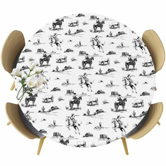 Black Western Cowboy Round Tablecloth 45-54 Inch Round Fitted Table Cloth with Elastic Edge, Vintage Horse Cactus Ethnic Art Waterproof Table Cover Protector for Outdoor Picnic Party Dining