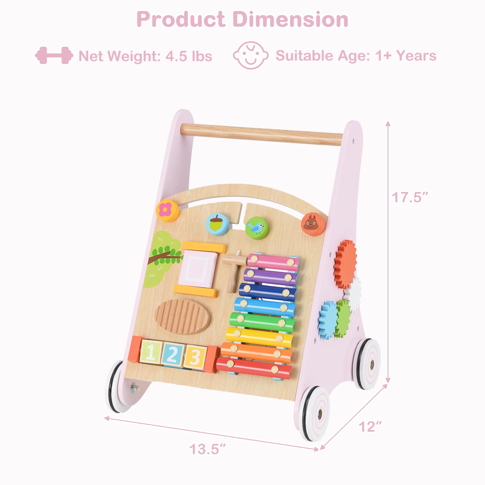INFANS Wooden Baby Walker, Montessori Walker with Multiple Activity Toys, Storage, Push Walker Toys for Infant Learning to Walk, Sit to Stand Walker for Boys Girls Aged 1+ Years