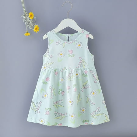 

Holloyiver Toddler Baby Girl Summer Dress Floral Print Pleated Dresses Sleeveless Tank Crew Neck Sundress Mid-Length High Waist Elastic One Piece Outfit （1-7Years）Green