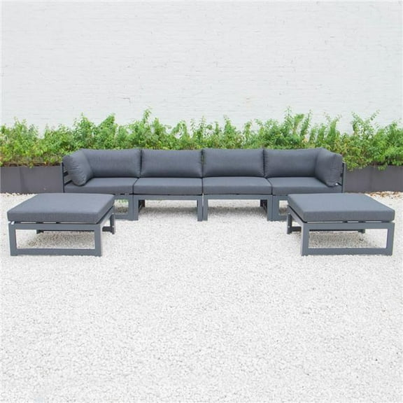 24.8 x 113.62 x 60 in. Chelsea 6 Piece Patio Ottoman Sectional with Black Aluminum Cushions, Black