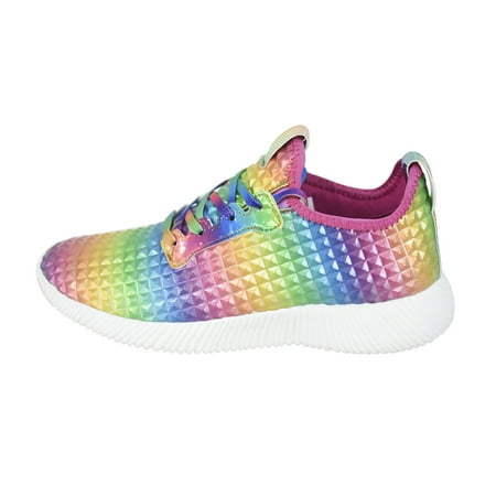 

LUCKY STEP Women Lightweight Metallic Hologram Laced Pyramid Leatherette Studded Jogger Casual Sneaker (8 B(M) US Rainbow)