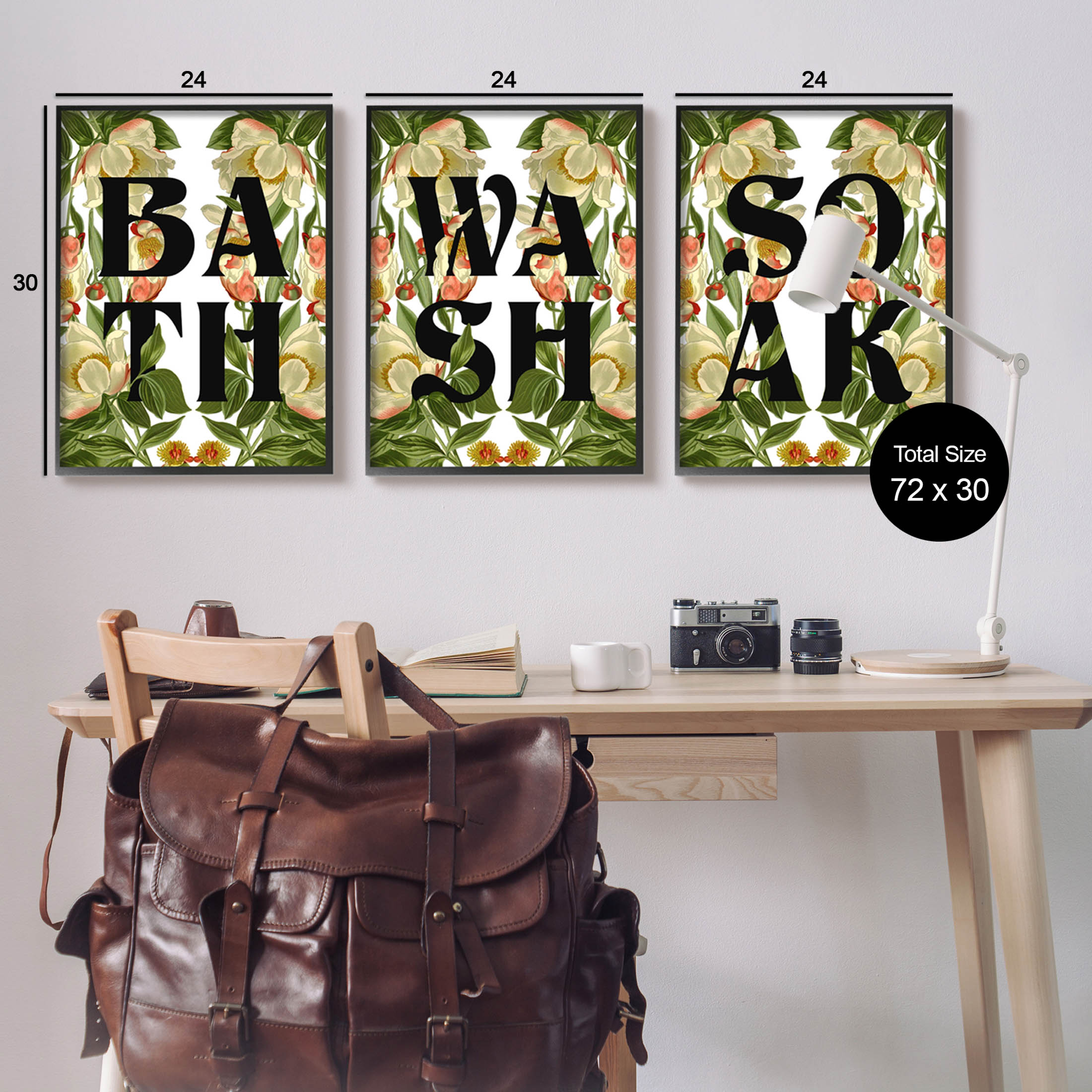Bath Wash Soak Floral Bathroom Botanical & Floral Graphic Art Black Framed Art Print Wall Art, Set of 3