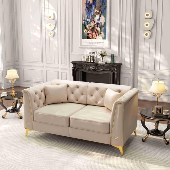 61.8'' Sectional Chesterfield Sofa, Beige Faux Leather Couch, Gold Accents, 2-Seater Luxury Modular Cloud Couches for Living Room, Apartment, Villa, Loveseat with Metal Legs, Button Tufted, 2 Pillows