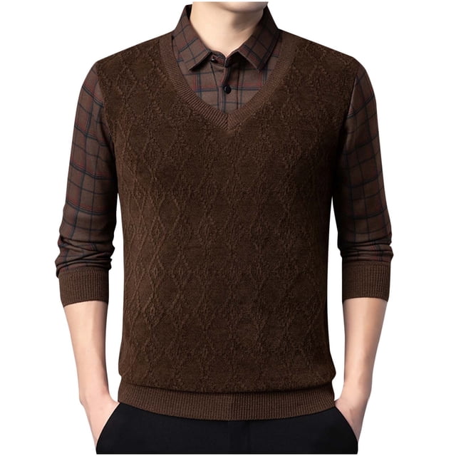 Chandail Homme Mode Loisirs Couleur Unie Sans Capuche Faux Deux Pièces Manches Longues