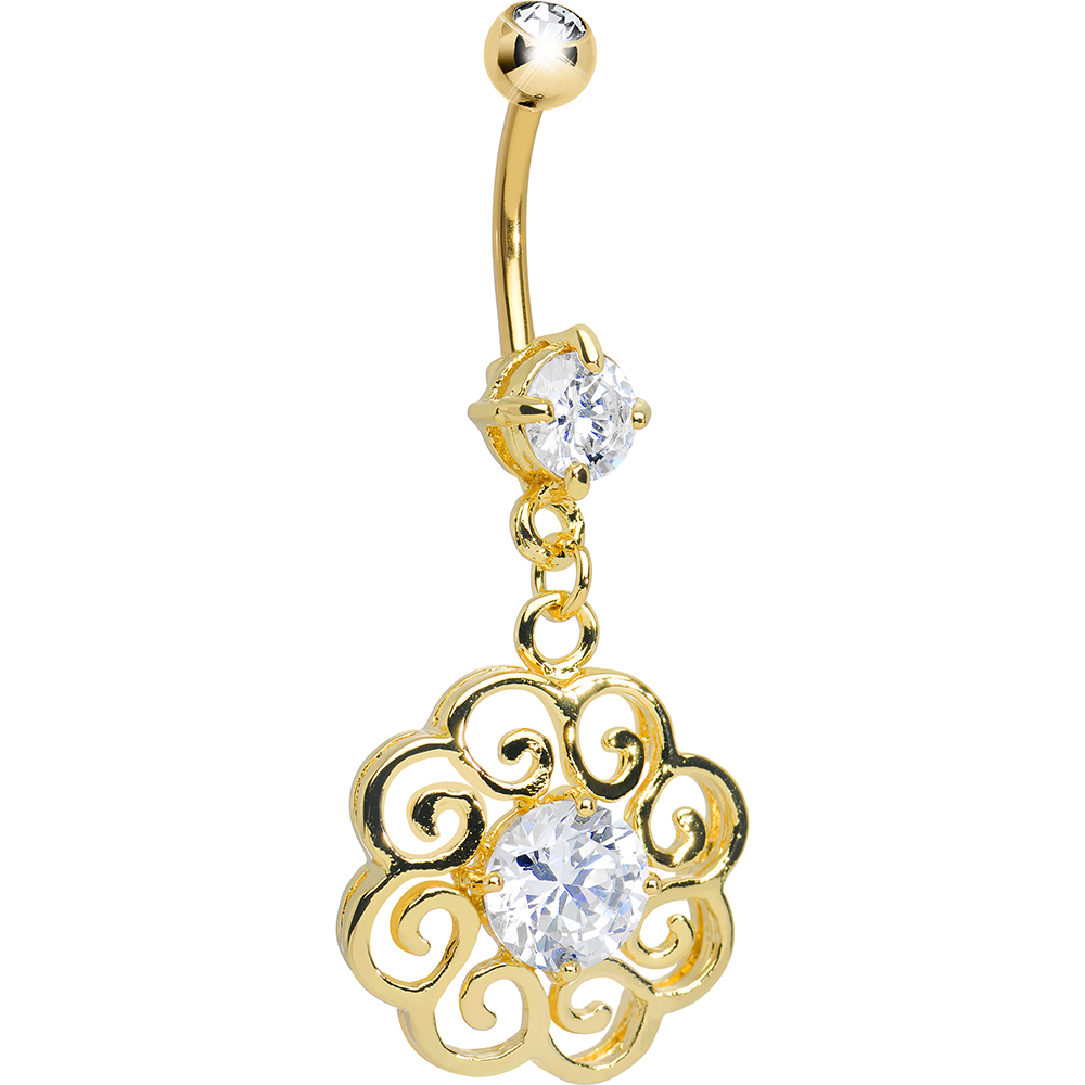 Clear Round Filigree Dangle Belly Button Ring