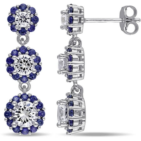 Tangelo 3-2/5 Carat T.G.W. Created Blue and White Sapphire Sterling Silver Multi-Flower Drop Earrings
