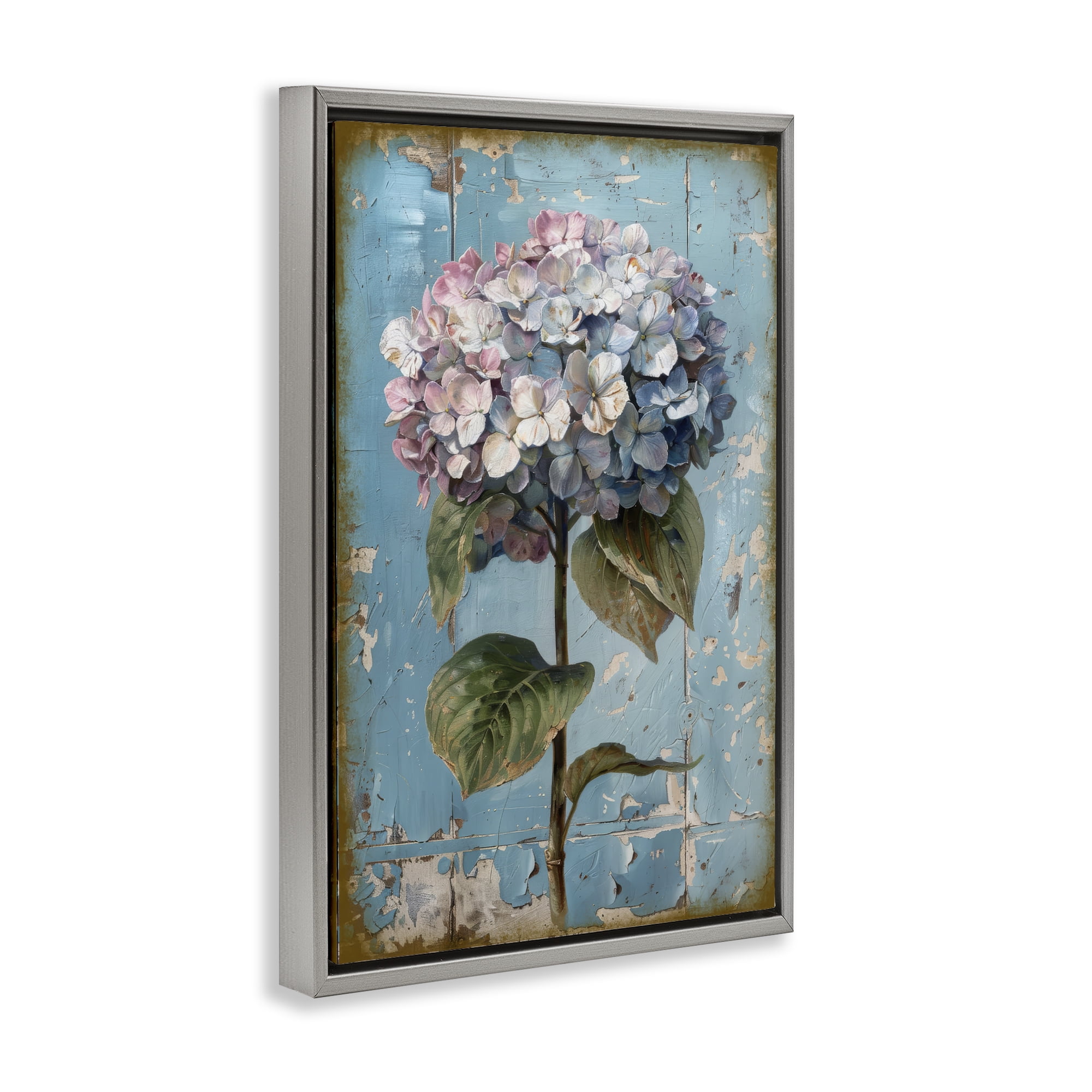 Stupell Industries Hydrangea on Distressed Plants & Flowers Painting Gray Floater Framed Canvas Art Print Wall Art, 21 x 31