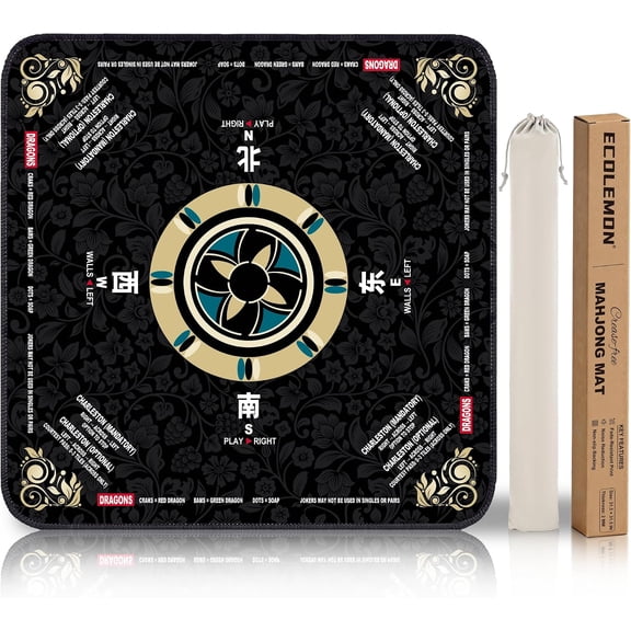 No Crease Mahjong Mat, American Mahjong Mat for Table with Charleston Rules, 31.5 × 31.5 inch Mah Jongg Playmat with Carrying Bag Non-Slip Noise-Reducing Multi-Purpose Table Mat (Black)