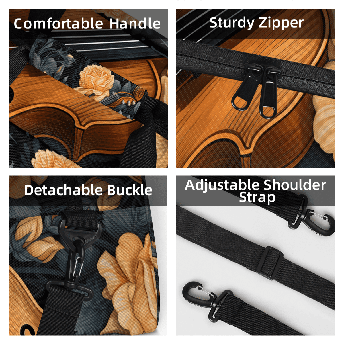 Herdesigns Music Violins Sports Duffle Bag for Women & Men, Music Theme Gym Bag Dance Bag Overnight Bag Carry On Weekender Travel Bag