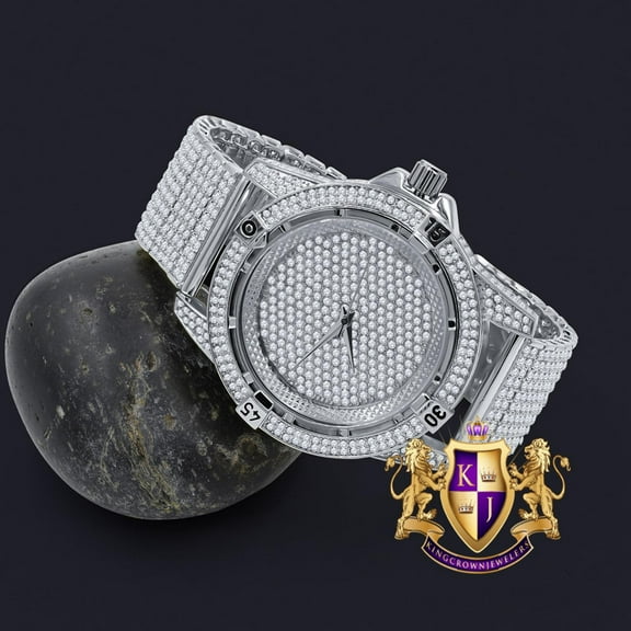 Men's Fully Iced 18k White Gold Finish Simulated Diamond 10 Row Custom Band Luxury Watch 44mm