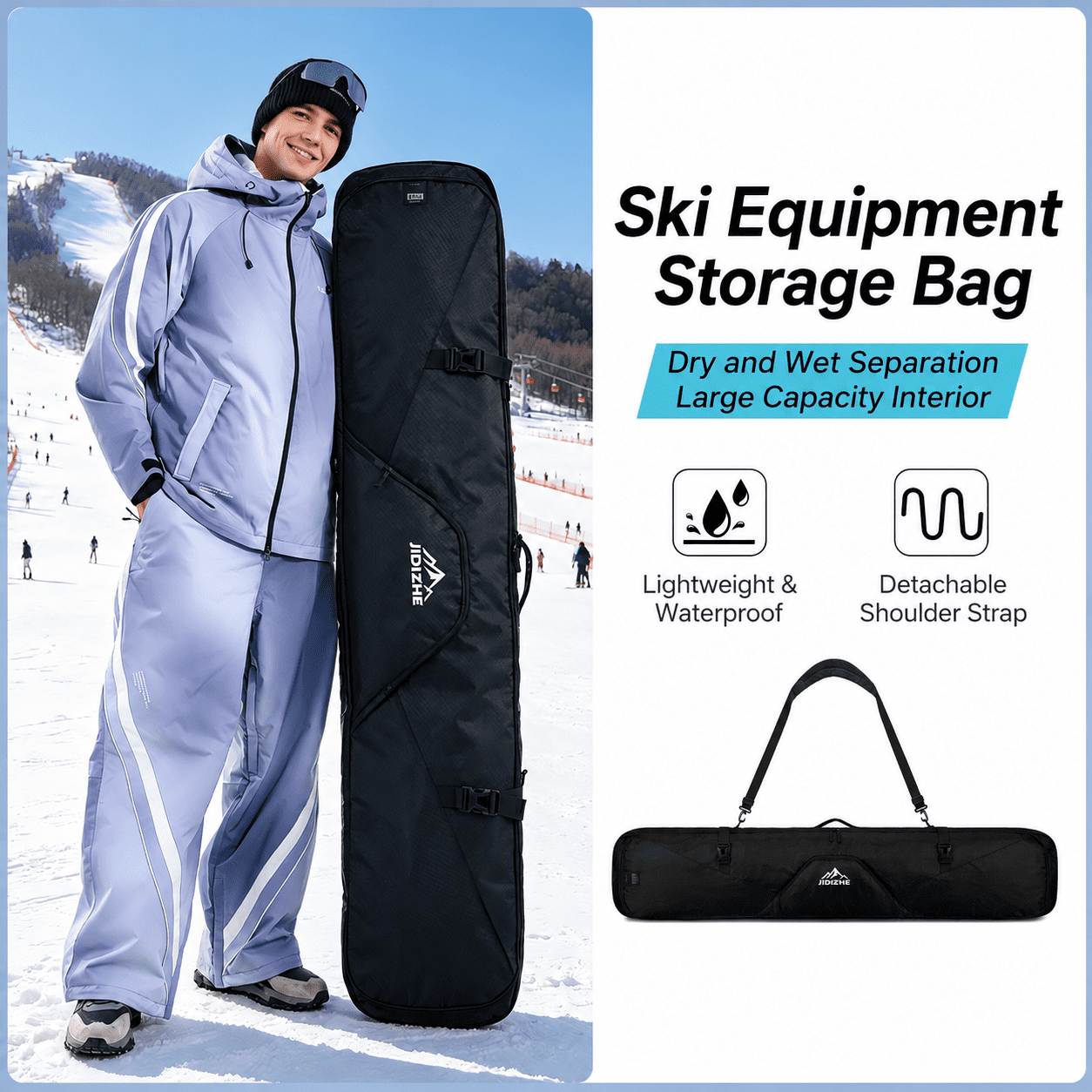 JIDIZHE Ski Bag Waterproof Textured Fabric Lightweight with Detachable Shoulder Strap 66.14 in for Ski Travel, Black