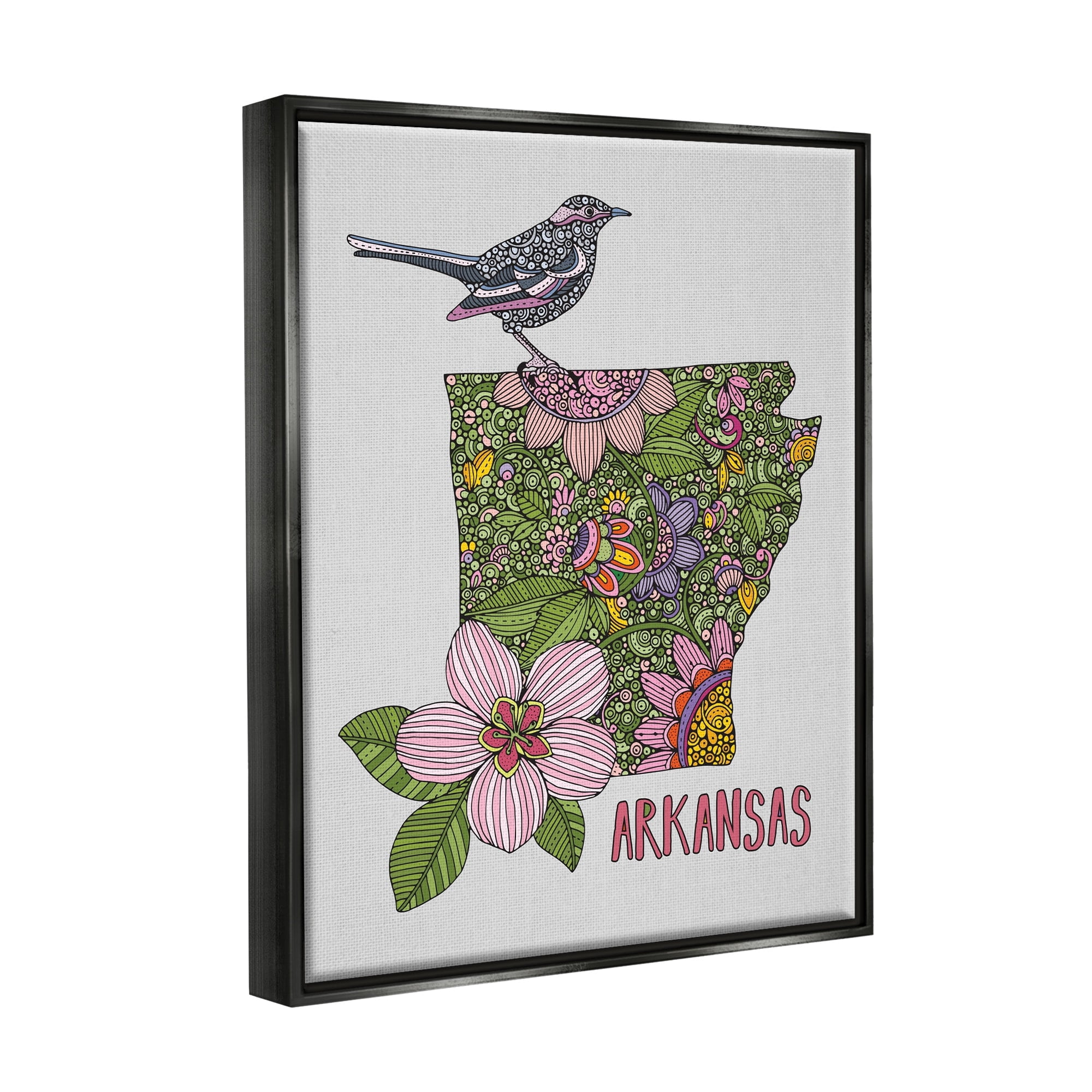 Stupell Industries Intricate Arkansas Floral Pattern Mockingbird Blossom Graphic Art Jet Black Floating Framed Canvas Print Wall Art, Design by Valentina Harper