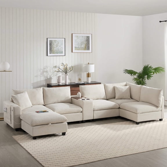 [VIDEO]140'' Oversized Modular Sectional Sofa with Movable Storage Ottoman and Console,Removable Storage Pockets,Cup Holder,Wide Seat,USB Charger,6 Seat U Shaped Corduroy Couch for Living Room,2 Color