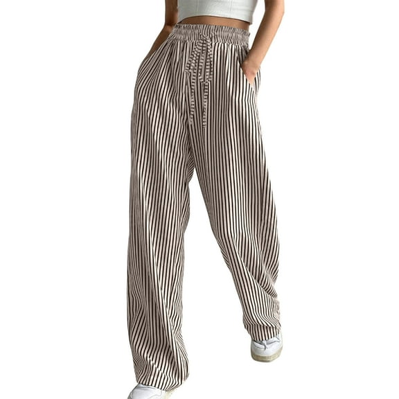 ShomPort Cotton Pants for Women Casual Striped Wide Leg Pants Drawstring High Waist Trouser with Pockets