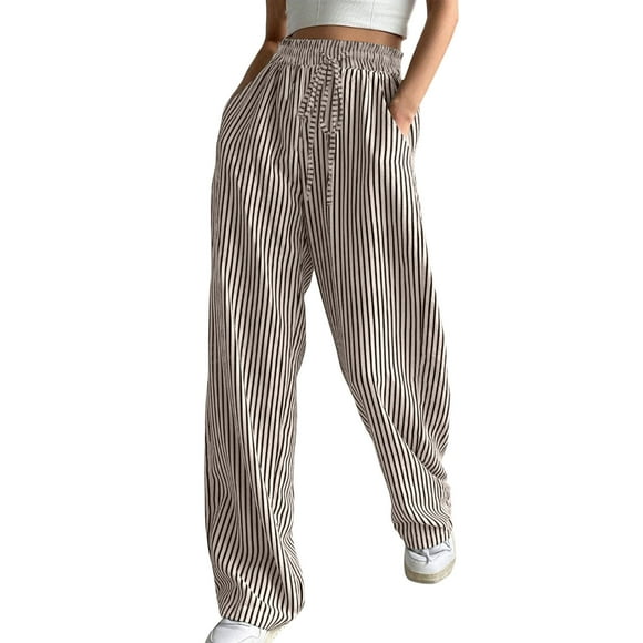 MeetoTime Women's Striped Wide Leg Pants Comfortable Cotton Drawstring High Waist Lounge Pants with Pockets