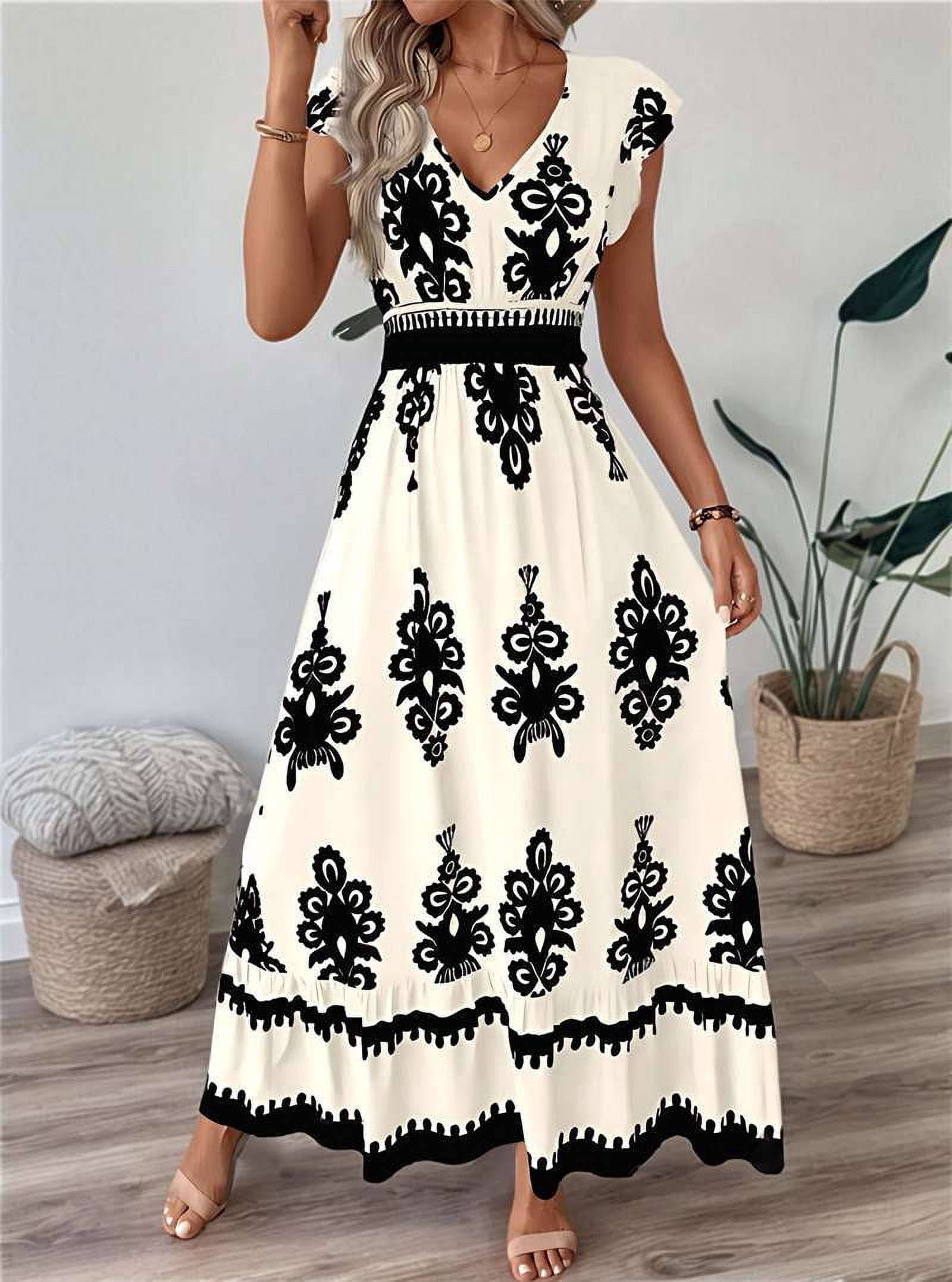 Summer Dresses for Women 2025 Casual Ruffle Sleeves Dress Sundresses Boho Beach Dresses S