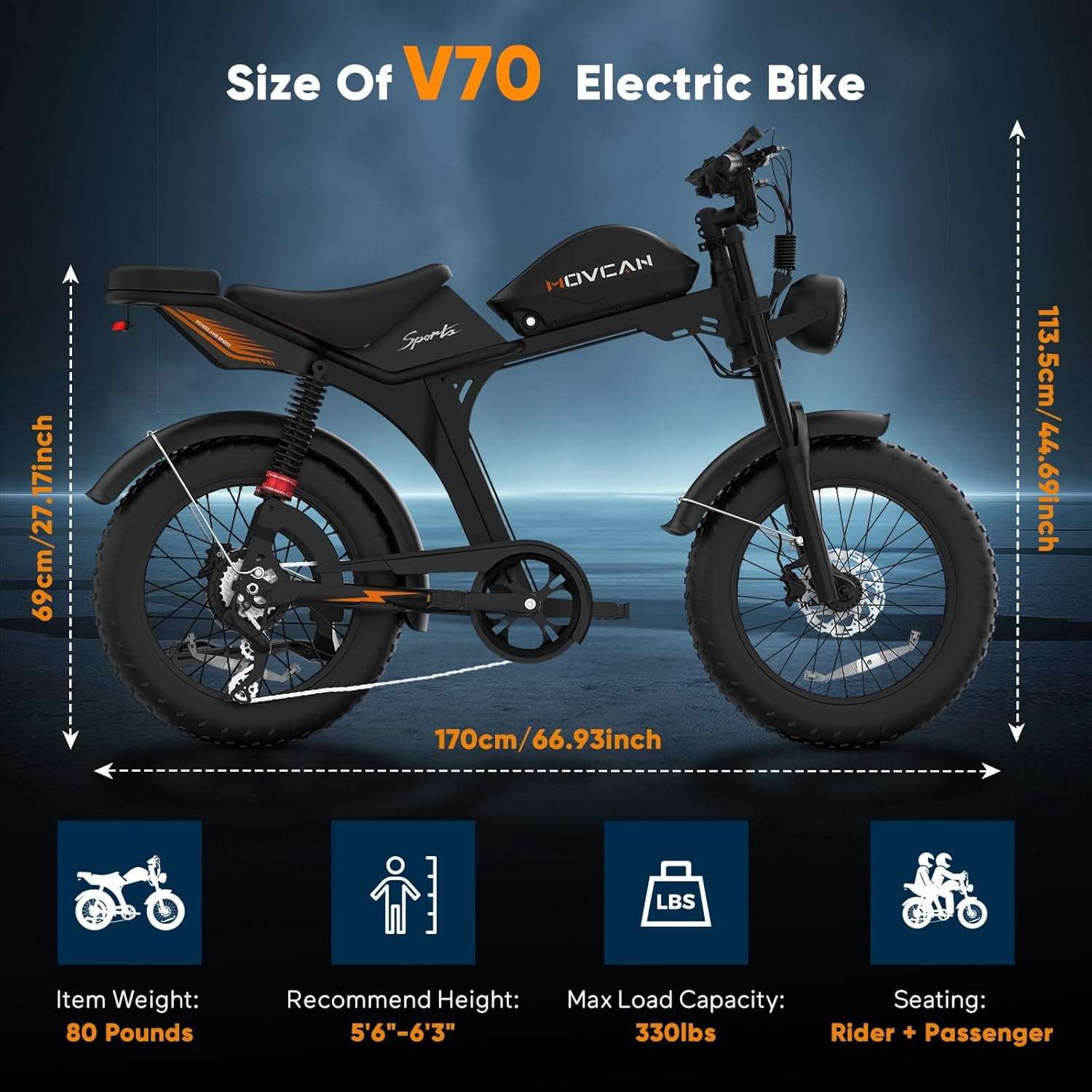 Movcan V70 Electric Bike for Adults, Peak 2500W 35mph 52V 23.4Ah Mountain Ebike,20" Fat Tire Full Suspension UL2849