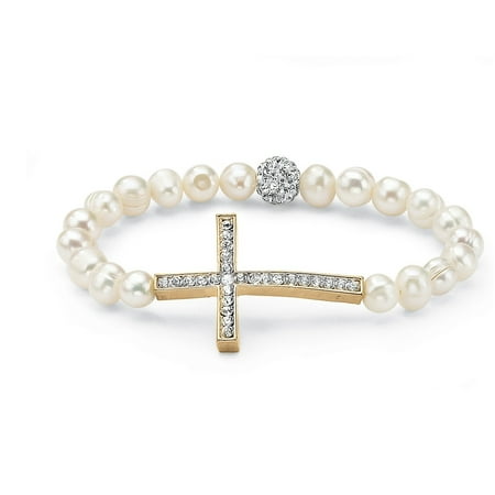 - Genuine Cultured Pearl and Crystal Horizontal Cross Stretch Bracelet in Yellow Gold Tone 8