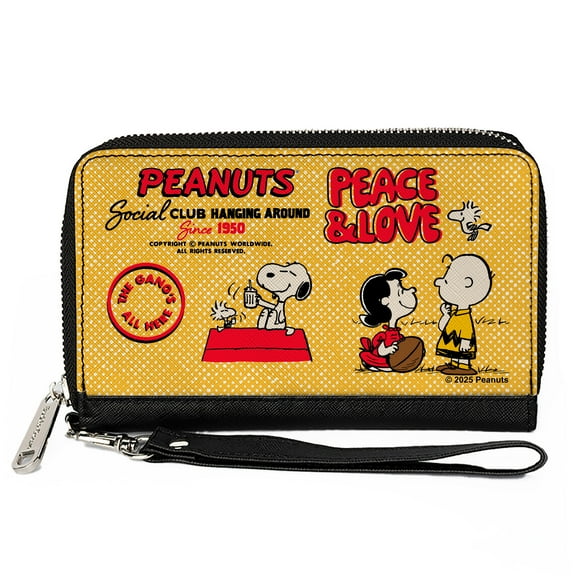 Peanuts Wallet, Zip Around, Peanuts Social Club Peace and Love Scenes Yellow Red, Vegan Leather