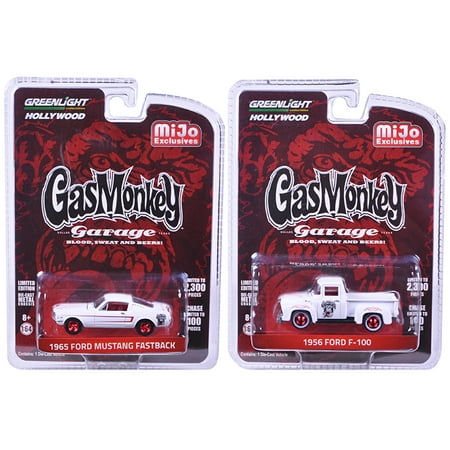 1965 Special Mint Set (1956 Ford F-100 Pickup Truck, 1965 Ford Mustang Fastback White Set of 2 Gas Monkey Garage 1/64 Diecast Model)