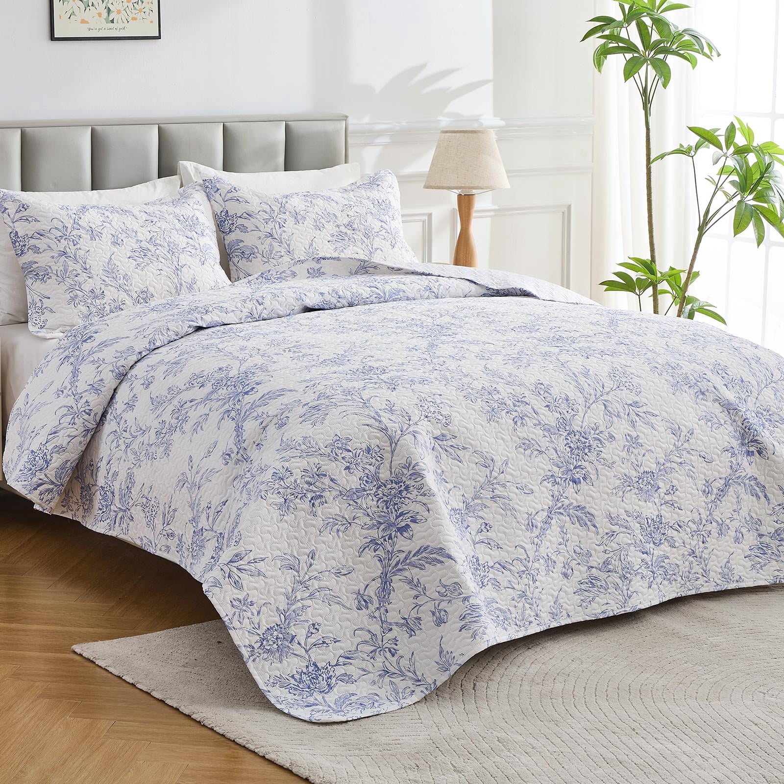 Hitime Luxury Printed Quilt Set Queen Size, Lightweight Comforter Set, Oversized Bedspread Coverlet Quilted Bedding Set, with 2 Matching Pillowcases, for All Season