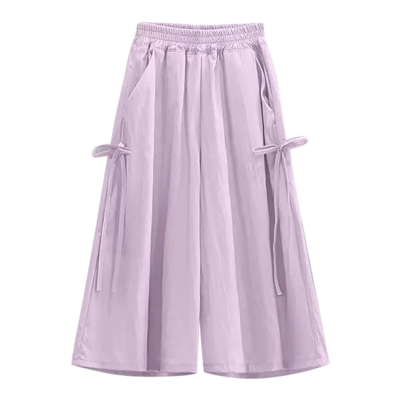 Coerni Girls Wide Leg Pants Lightweight Flowy Capri Pants Cute Bowknot Tie Baggy Culottes Comfort Elastic Waist Cropped Palazzo Pants