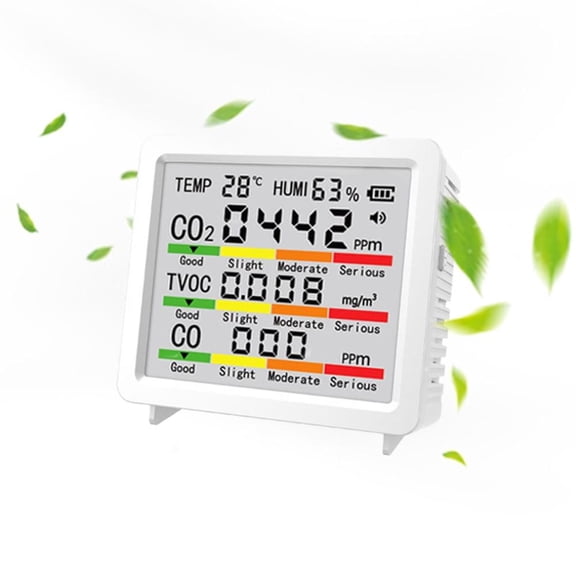 5-in-1 Gas Temperature and Humidity Detector – CO2, TVOC, CO Monitor with Alarm, Indoor Air Quality Sensor for Home and Office