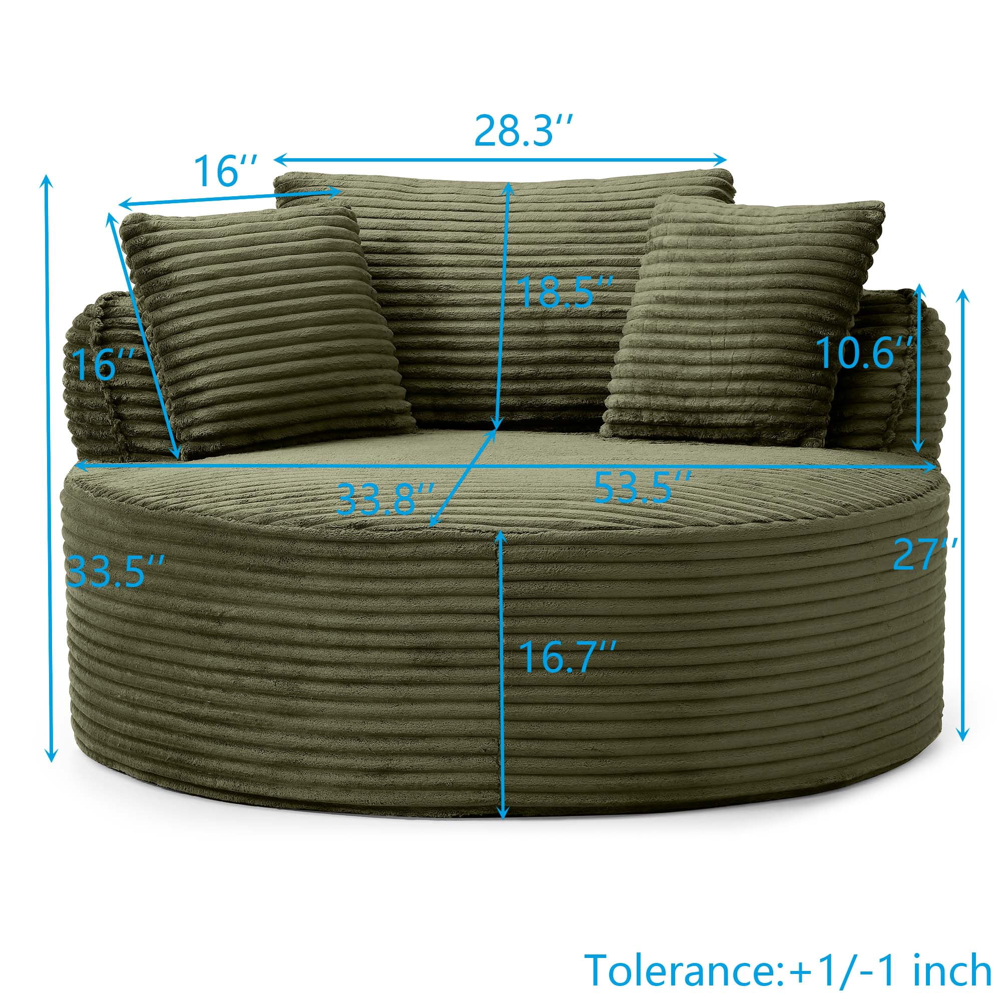 Miniyam 54" Ready-to-Use Accent Chair, No Setup Needed, Modern Round Design with Corduroy Upholstery and Support Pillows(Green)