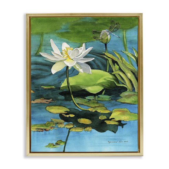 Stupell Industries Coastal Pond Lotus & Dragonfly Gold Floating Frame Canvas Art, 25 x 31, by Christine Reichow