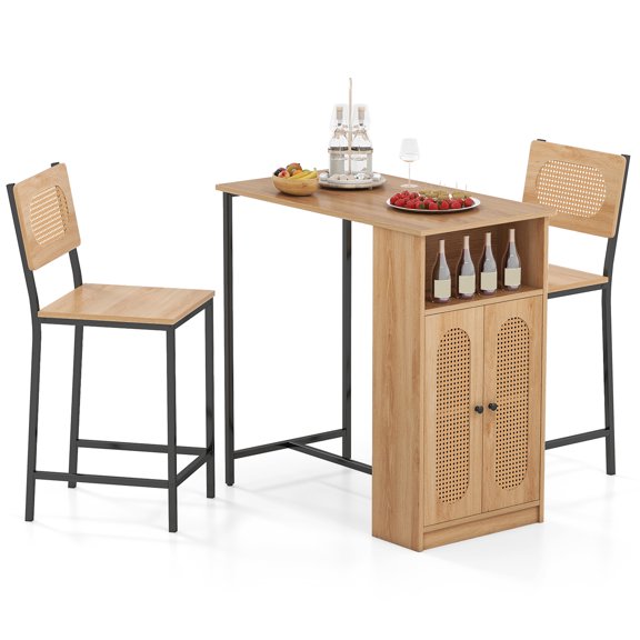 Patiojoy 3-Pcs Kitchen Table & Chairs Set High Top Bar Table with 2 Stools Storage Adjustable Shelf