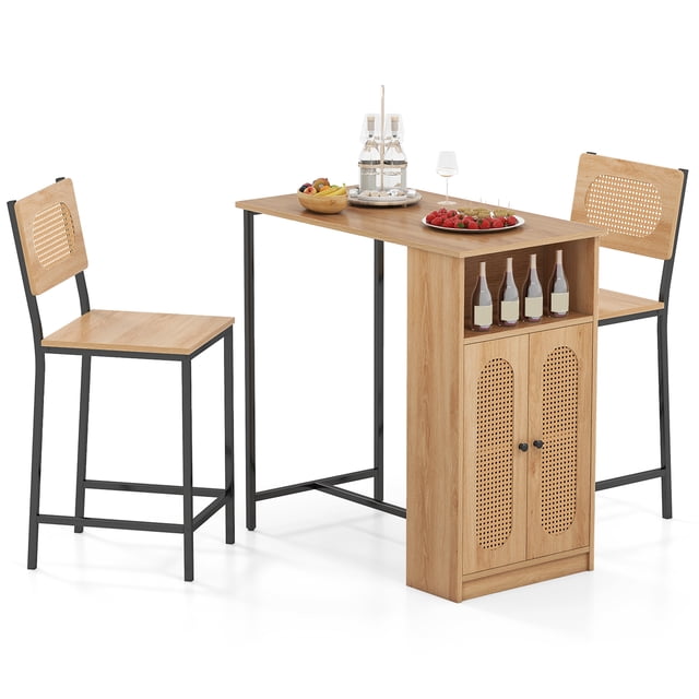 Patiojoy 3-Pcs Kitchen Table & Chairs Set High Top Bar Table with 2 Stools Storage Adjustable Shelf