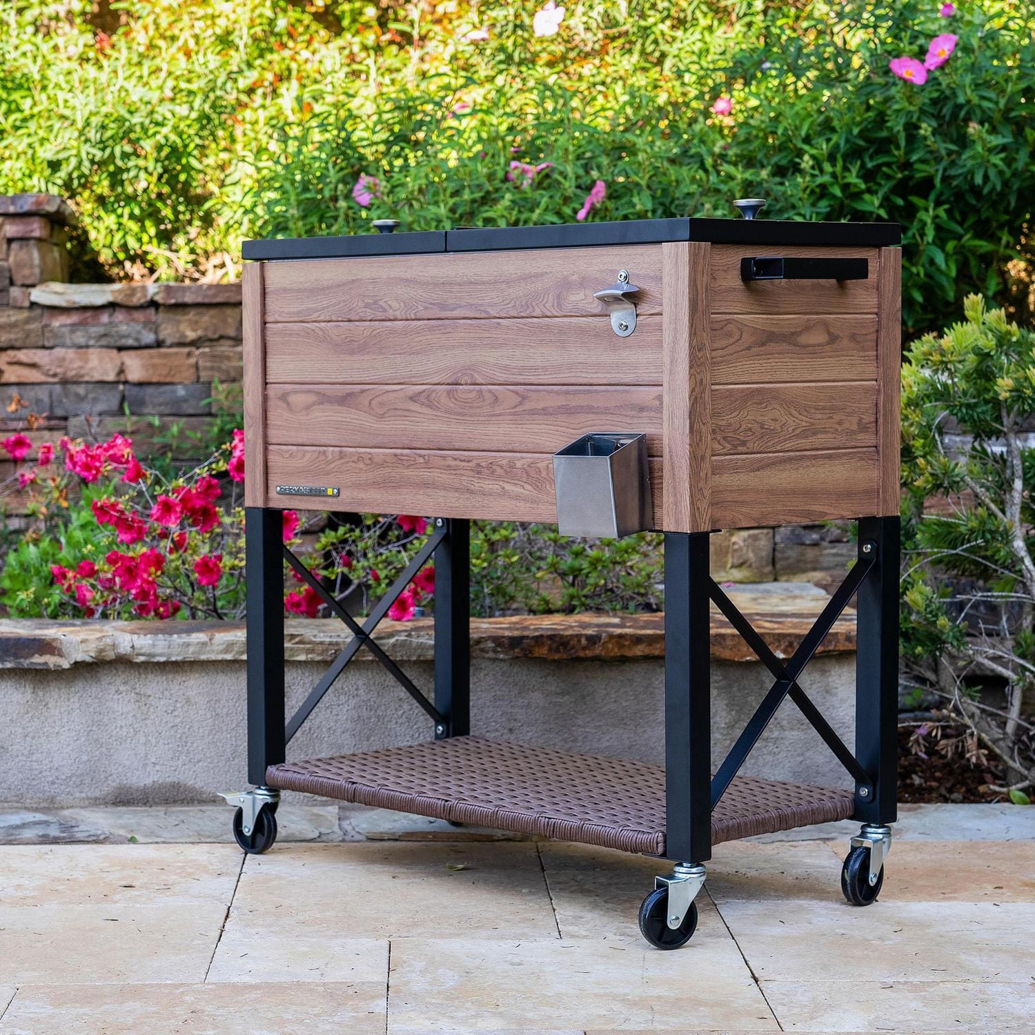 Permasteel - 80 Qt Outdoor Rustic Wood Grain Patio Cooler w/Wicker Shelf