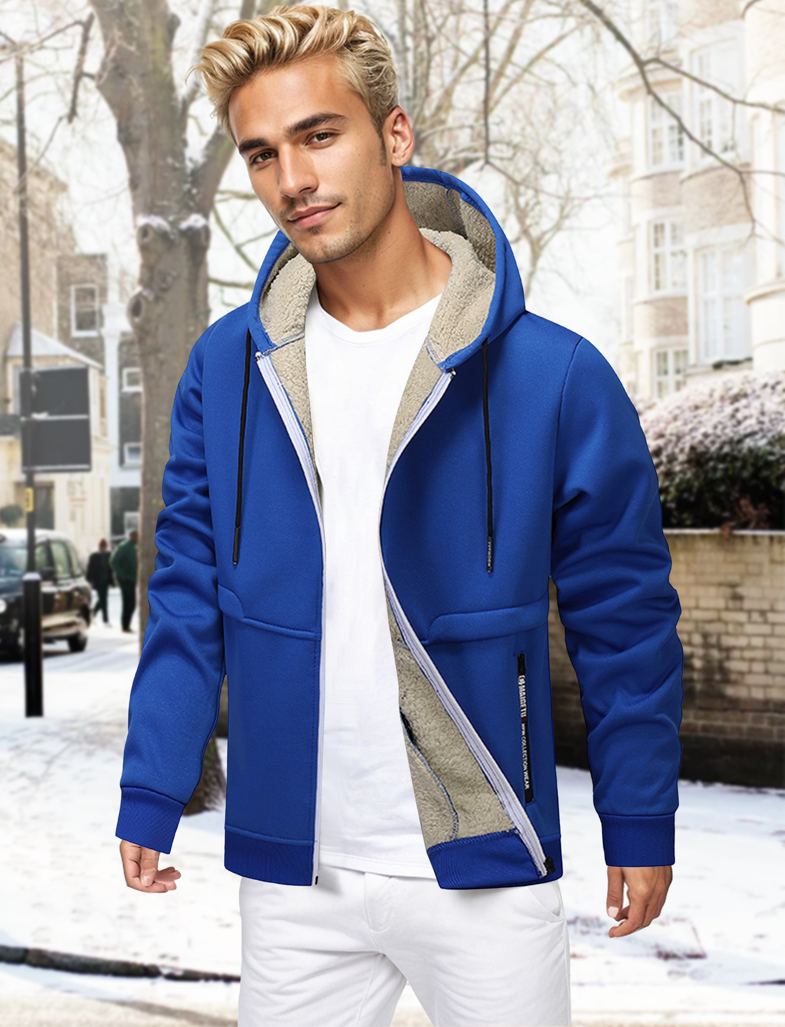 FEOYA Mens Sweat Jackets Zip Up Fleece Winter Hooded Coat Sherpa Lined Outwear Warm Softshell Sweatshirt with Pockets XL Blue