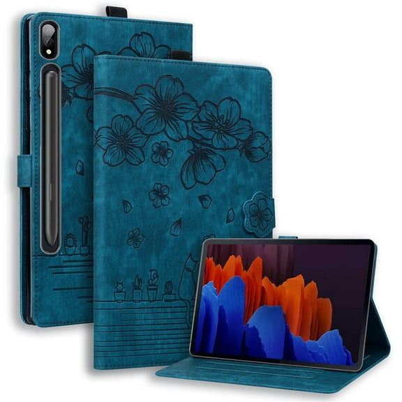 XYX Case for Samsung Galaxy Tab S9 2023/S8 2022/S7 2020 11 inch, Cherry Blossom Cat PU Leather Folio Stand Magnetic Shockproof Protective Cover (Blue)