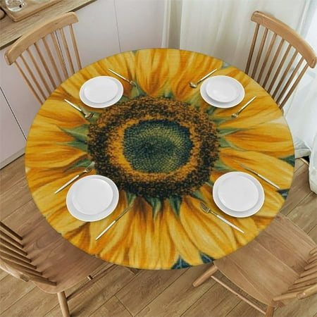 

QKZF Round Tablecloth Fitted Table Cover with Elastic Edged Floral Sunflower Vintage Flower Pattern Waterproof Table Cloth for Party Dining Patio Indoor Outdoor 54 -58